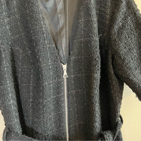 ✨ Bardot Boucle Tweed Zip Front Frayed Hem Dress Medium 8 Black - Picture 7 of 11